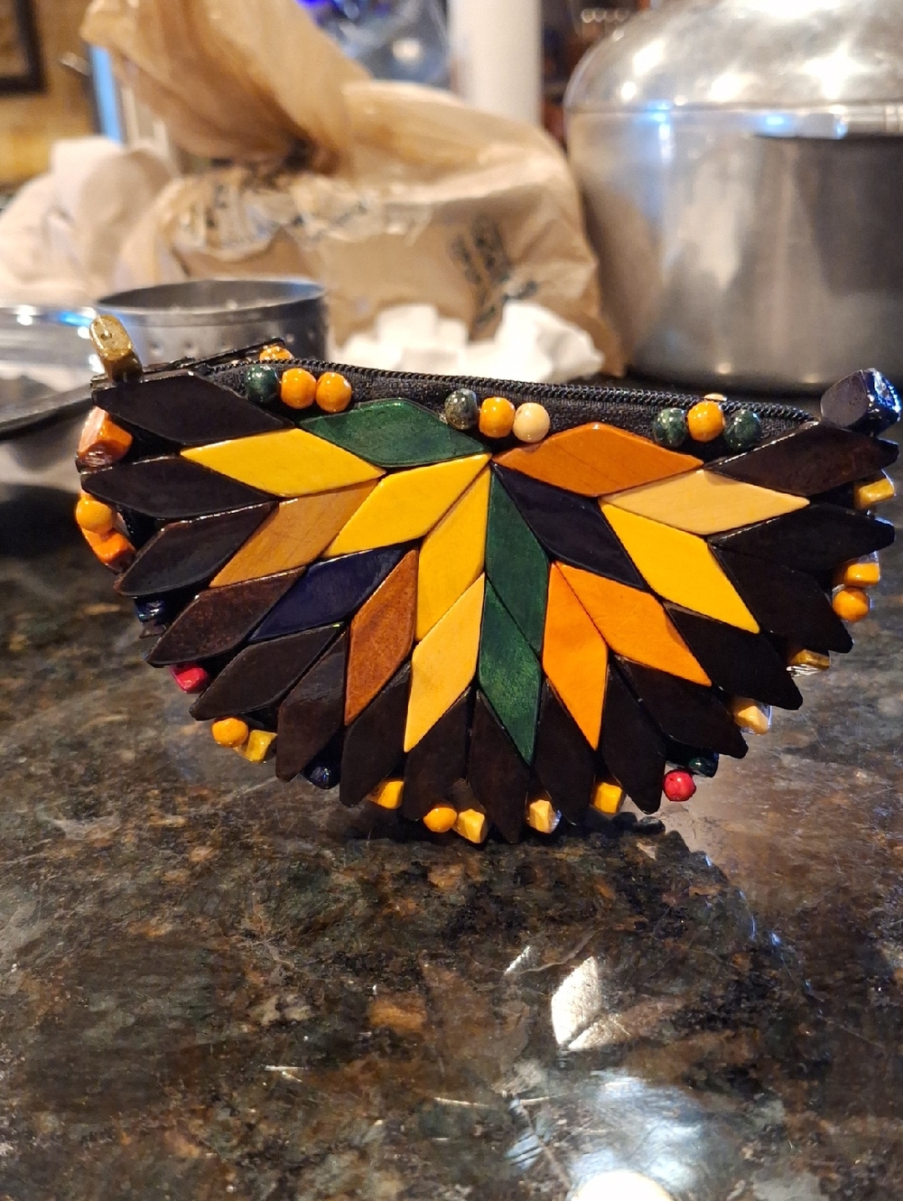 Mosaic, Wooden Bead Coin Purse. Made In Brazil